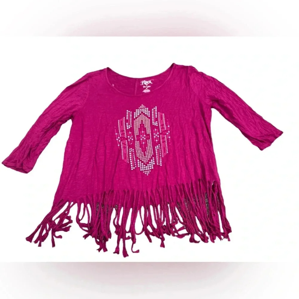 Rock 47 by Wrangler Women's Top XL Fringe & Beaded‎ Magenta Aztec Design